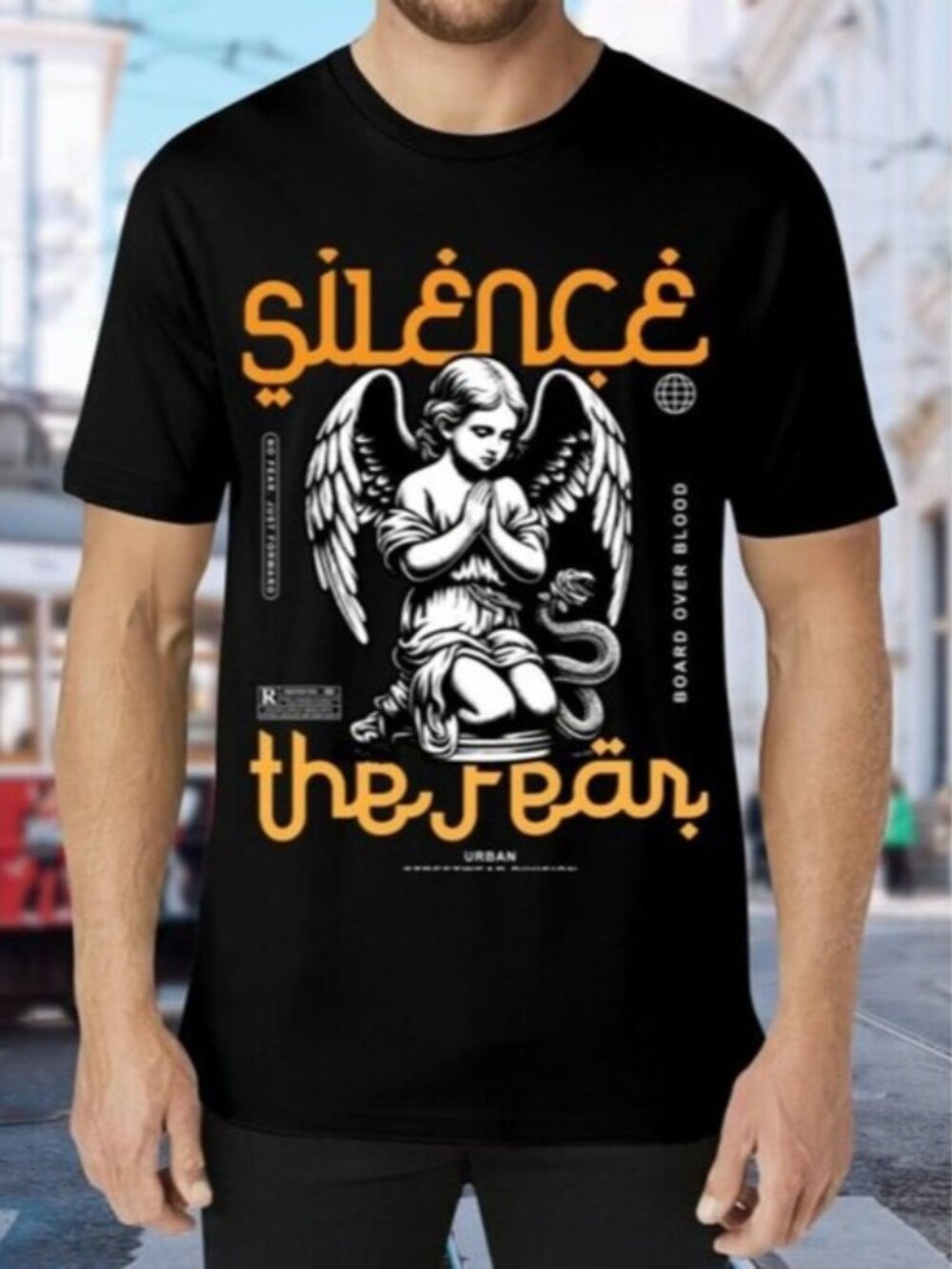 Black Graphic T-Shirt with Angel Design